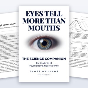 May include: A book titled Eyes Tell More Than Mouths: The Science Companion for Students of Psychology & Neuroscience by James Williams, featuring a central image of a human eye with a blue iris and black pupil on the white cover.