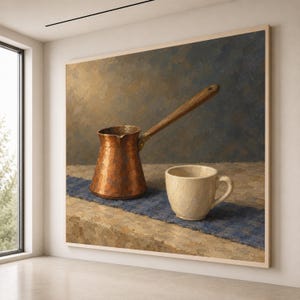 Modern Still Life Canvas, Copper Pot and Ceramic Vase Art, Coffee Cup Wall Art, Painterly Kitchen Canvas, Vintage Style Dining Room Print