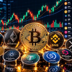 May include: A collection of physical cryptocurrency coins including Bitcoin, Ethereum, BNB, XRP, Solana, Doge, Cardano, USDT, USDC, Polkadot, and Chainlink. A digital screen in the background displays a red and green financial market chart.