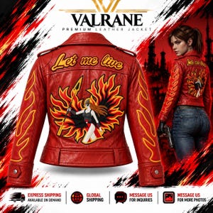 Peut inclure: Une veste en cuir rouge avec un motif au dos représentant une silhouette tenant une lance au milieu de flammes orange et jaunes stylisées. Le texte "Let me live" est brodé au-dessus. Les manches présentent des flammes jaunes et des boutons-pression.
