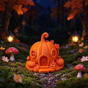 May include: A bright orange pumpkin-shaped house sculpture featuring a central arched door, two circular windows, and a curved stem top. The structure is decorated with small sculpted flowers and leaves, resting on a base with two smaller pumpkins.