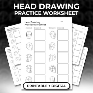 May include: A white paper Head Drawing Practice Worksheet with black text and line art. The document features columns labeled Reference and Your turn, containing various head shape sketches for drawing exercises, with a date line at the top.