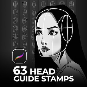 May include: A digital illustration of a face with white construction lines overlaid on a dark background. The image features a Procreate icon and the text 63 HEAD GUIDE STAMPS. A grid of smaller head outline sketches is visible in the background.
