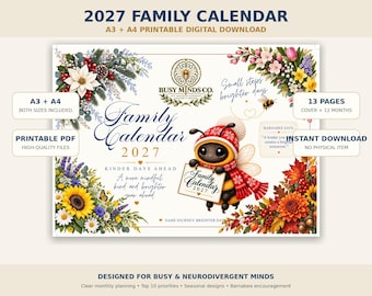 2027 Printable Wall Calendar | A3 & A4 Digital Download | Neurodivergent Friendly Family Planner