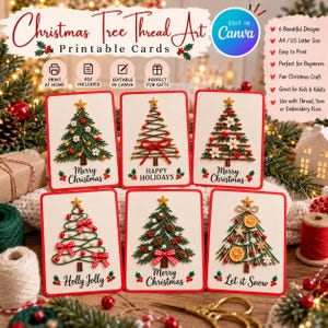 Pode incluir: Seis cartões de Natal imprimíveis com designs de arte em fio de árvores decoradas. Cada cartão exibe uma ilustração única de árvore com elementos festivos como laços, bagas e estrelas, acompanhada de texto como Merry Christmas.