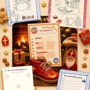 Op de afbeelding: Een collectie Sinterklaas-verlanglijstjes met diverse ontwerpen voorzien van illustraties van Sinterklaas, een schoen, cadeautjes en grachtenpandjes, samen met een rode leren schoen en kleine decoratieve items.