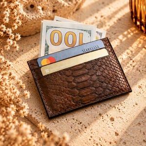 Brown snake skin card holder, unique leather gift, small leather wallet