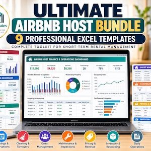 May include: A digital bundle of 9 professional Excel templates for Airbnb host management displayed on a laptop screen. The interface shows an Airbnb host finance and operations dashboard with charts, tables, and financial data for rental properties.