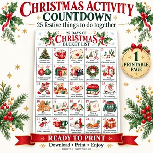 Lista de atividades do Advento de Natal para imprimir, lista de desejos de Natal de 25 dias para crianças e famílias, download digital.