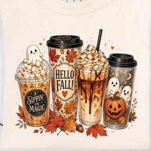 Cute Fall Coffee Cups Spooky Season Ghost Shirt, Pumpkin Spice Latte Tee, Hello Autumn Apparel, Sippin On Magic Top, Halloween Cafe Tshirt