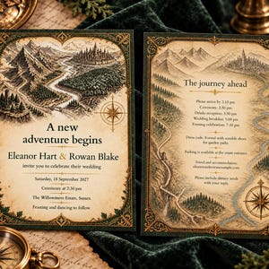 Puede incluir: Dos tarjetas de invitación de boda rectangulares con una ilustración de mapa antiguo que muestra montañas, un río y un castillo. El texto dice A new adventure begins, Eleanor Hart & Rowan Blake y The journey ahead con detalles.