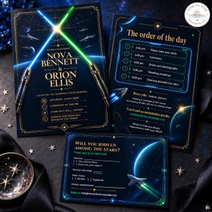 Puede incluir: Un conjunto de invitaciones de boda con temática espacial en azul oscuro con texto dorado, dos sables de luz cruzados y gráficos de naves espaciales. Las tarjetas incluyen detalles de Nova Bennett y Orion Ellis, un horario y una tarjeta de RSVP.