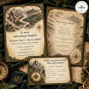 May include: A set of three wedding stationery cards featuring a fantasy map illustration with mountains, a river, and a castle. The text includes A new adventure begins, Eleanor Hart & Rowan Blake, The journey ahead, and Will you join us on this adventure? with ornate dark green and gold borders.
