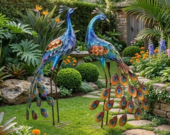 Outdoor Metal Peacock Garden Statue, Colorful Bird Sculpture, Yard Decor (30.7 inch)