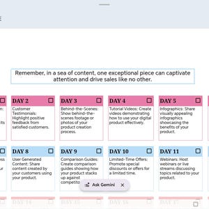 Puede incluir: Un paquete de seguimiento de contenido digital con una cuadrícula de tareas diarias. El encabezado dice: "Remember, in a sea of content, one exceptional piece can captivate attention and drive sales like no other." Cada cuadro incluye un título.