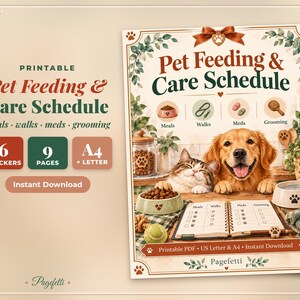 Puede incluir: Un planificador imprimible Pet Feeding & Care Schedule con un golden retriever y un gato. El documento incluye secciones para comidas, paseos, medicamentos y aseo, con 6 rastreadores y 9 páginas en tamaños A4 y Letter. Incluye huellas de patas.