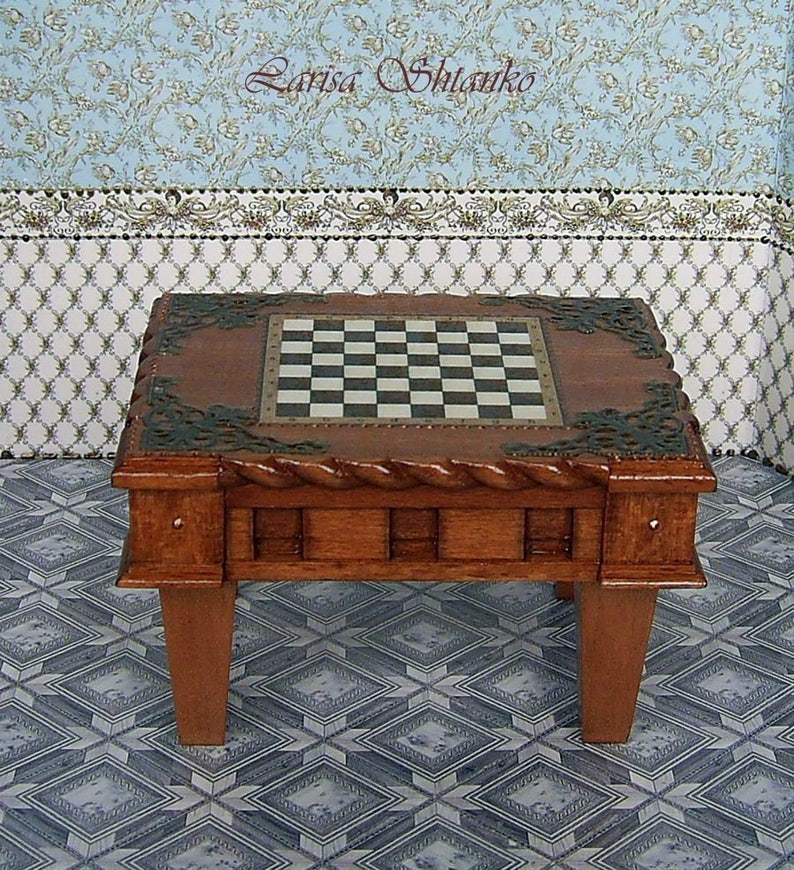 Wooden chess Table and chess figures in a set. Handcrafted minia
