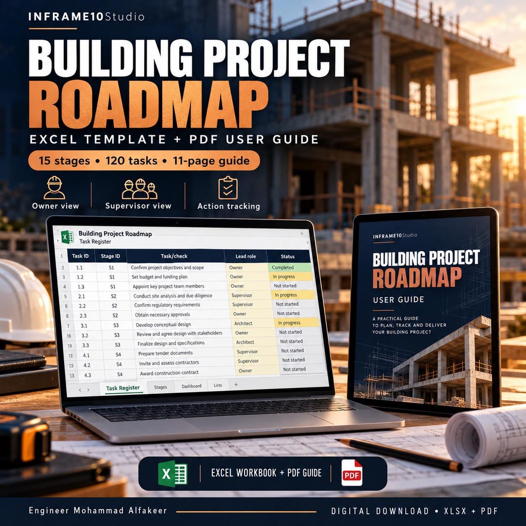 Building Project Roadmap Excel Template | Construction Checklist, Owner ...