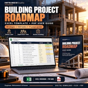 May include: A digital building project roadmap template featuring an Excel workbook and a PDF user guide. The screen displays a task register with columns for task ID, stage, task, lead role, and status. Includes 15 stages and 120 tasks.