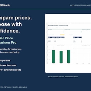 Op de afbeelding: Een digitaal Excel-sjabloon voor leveranciersprijsvergelijking met een donkerblauwe achtergrond en witte tekst. De lay-out bevat een dashboardvoorbeeld met gegevenstabellen, staafdiagrammen en de tekst INFRAME10Studio Supplier Price Comparison Pro.