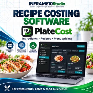 May include: A laptop displaying the PlateCost recipe costing software interface, featuring menu card management, ingredient tracking, and pricing tools. The screen shows data for chicken and rice bowls and garden salads.
