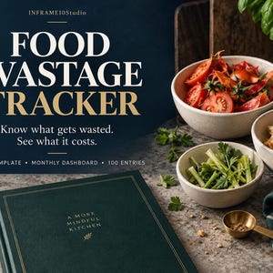 Könnte beinhalten: Ein dunkelgrünes Hardcover-Buch mit dem Text A MORE MINDFUL KITCHEN auf dem Einband, neben Schüsseln mit geschnittenen Tomaten, Brot und Sellerie. Der Text FOOD WASTAGE TRACKER, Know what gets wasted. See what it costs. ist deutlich zu sehen.
