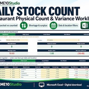 Può includere: Una cartella di lavoro Excel intitolata Daily Stock Count Restaurant Physical Count & Variance Workbook di INFRAME10Studio. Include una dashboard con dati previsti e conteggiati, monitoraggio di carenze ed eccedenze e un registro giornaliero.