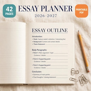 May include: An open essay planner notebook with 42 pages for 2026-2027. The page shows an essay outline template with sections for introduction, body paragraphs, and conclusion. A yellow pencil and several silver binder clips are nearby.