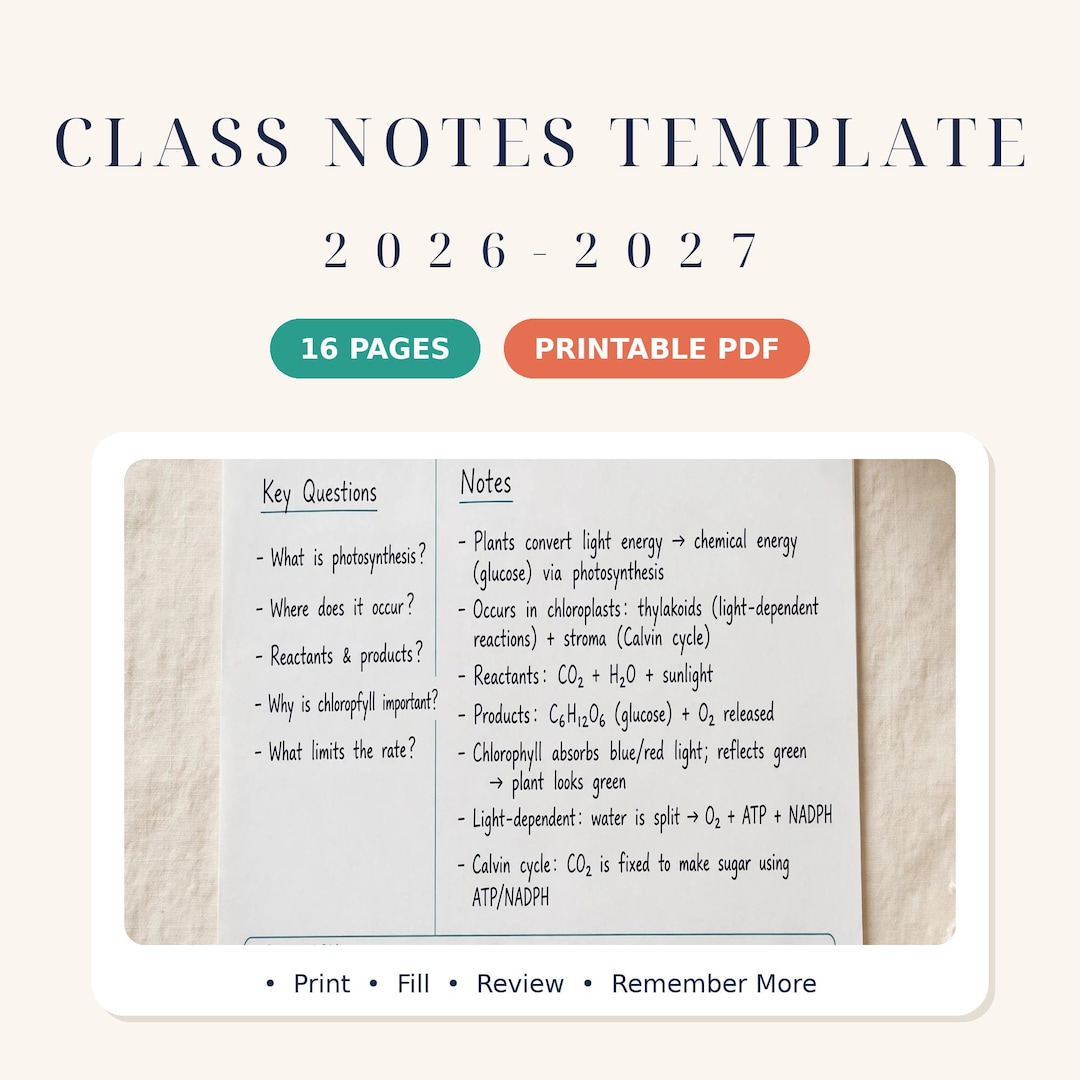 Class Notes Template 2026-2027 Printable, 16 Page Cornell Notes PDF ...