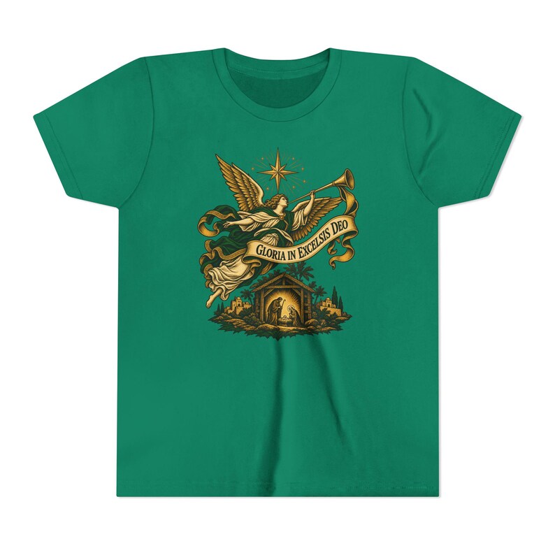 Camiseta infantil del Ángel de la Natividad, Camiseta juvenil Gloria in Excelsis Deo, Regalo católico de Navidad para niños, Representación navideña de la Estrella de Belén imagen 9