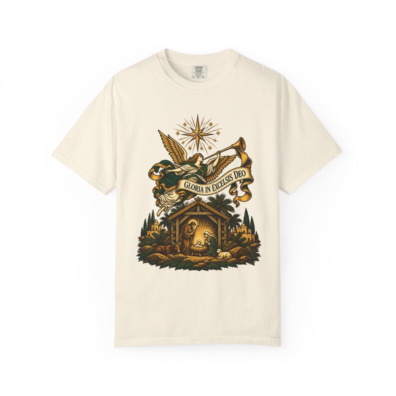 Herald Angel Trumpet Tee, Glory to God in the Highest Nativity, Vintage Christian Christmas Gift for Mass or Choir, Comfort Colors image 4