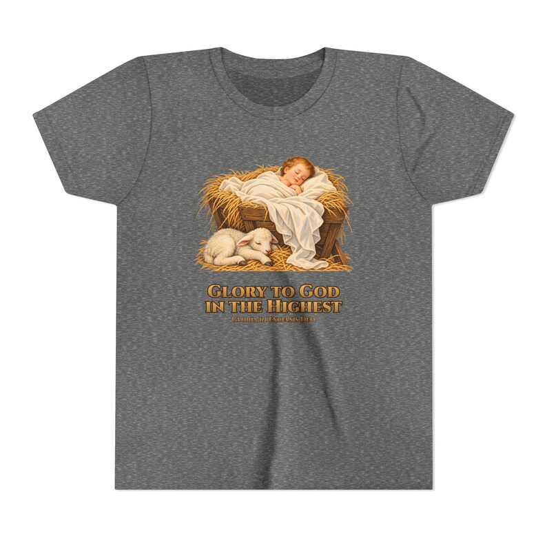 Kids Glory to God in the Highest Shirt, Youth Nativity Christmas Tee, Catholic Christmas Gift for Kids, Baby Jesus in the Manger image 4