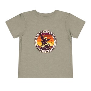 Toddler Retro St Michael Badge Tee, Defend Us in Battle Shirt, Catholic Gift for Toddlers, Archangel Slaying Dragon Sunset image 6