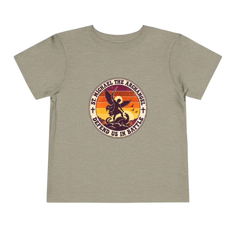 Toddler Retro St Michael Badge Tee, Defend Us in Battle Shirt, Catholic Gift for Toddlers, Archangel Slaying Dragon Sunset image 6