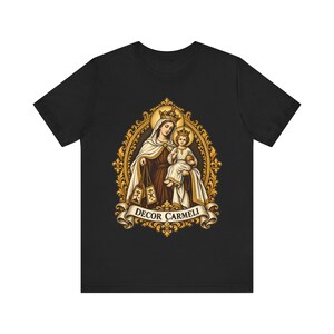 Mount Carmel Madonna Shirt, Brown Scapular Devotion Tee, Golden Frame Marian Art, Carmelite Virgin Mary Gift for Women, Catholic Apparel image 2