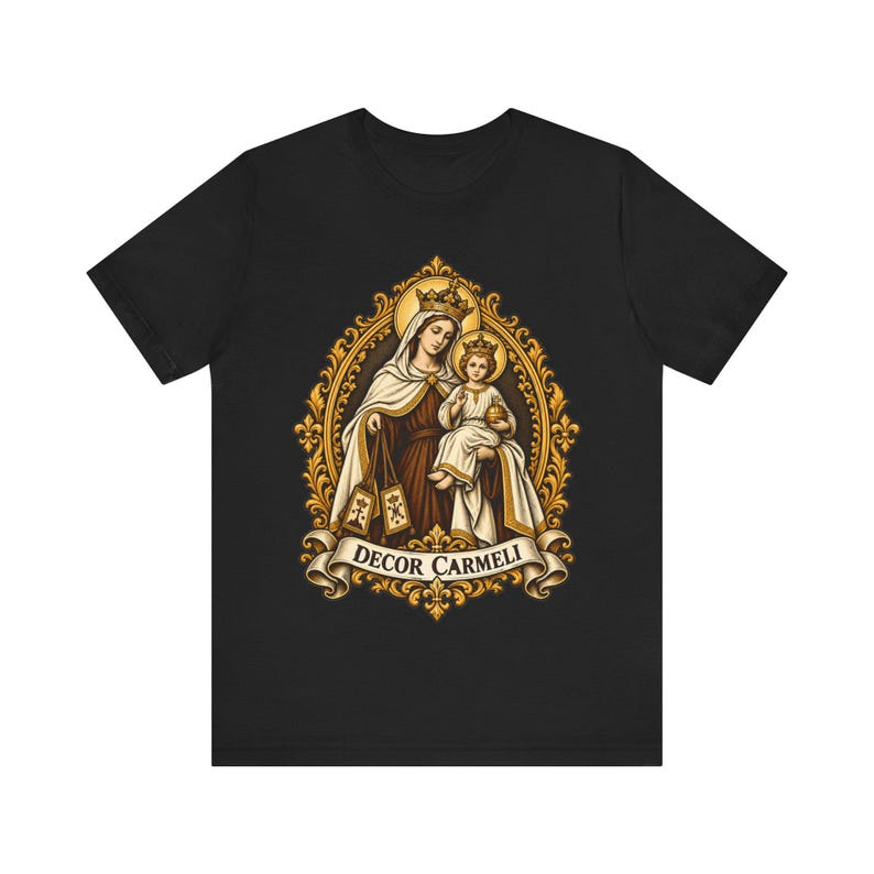 Mount Carmel Madonna Shirt, Brown Scapular Devotion Tee, Golden Frame Marian Art, Carmelite Virgin Mary Gift for Women, Catholic Apparel image 2