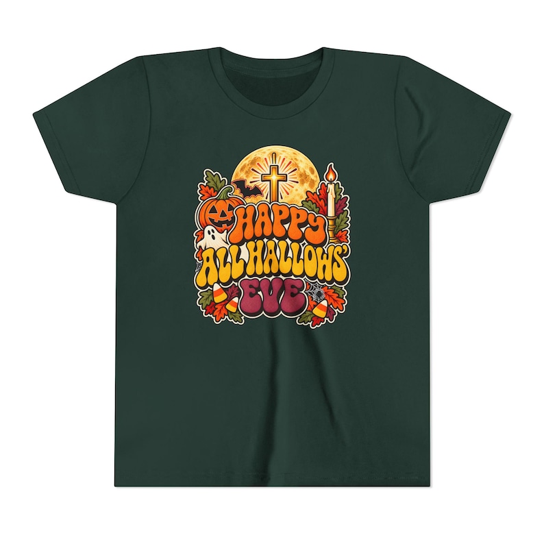 Kinder T-shirt met katholieke Halloween-opdruk, retro en groovy Halloween-shirt, pompoen met kruis en maan. afbeelding 4