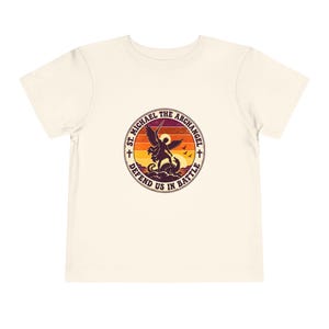 Toddler Retro St Michael Badge Tee, Defend Us in Battle Shirt, Catholic Gift for Toddlers, Archangel Slaying Dragon Sunset image 4