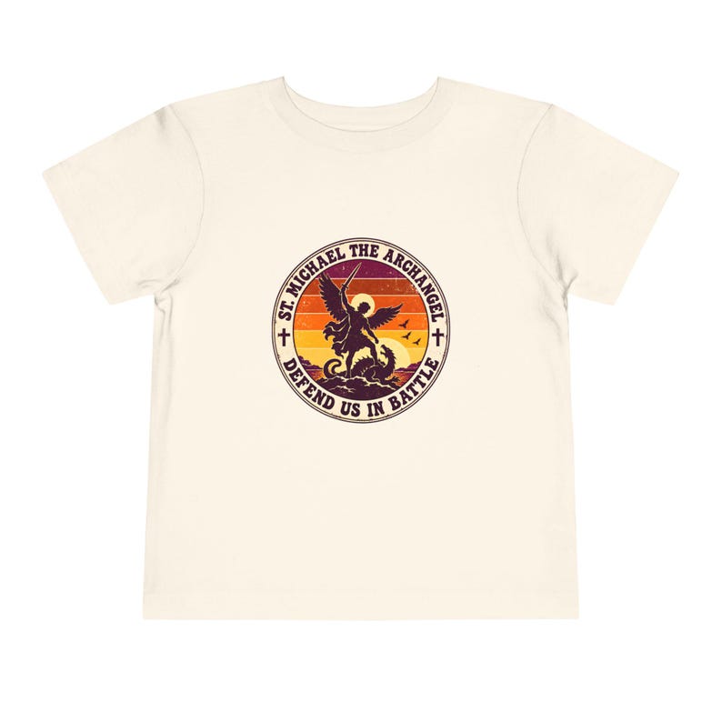 Toddler Retro St Michael Badge Tee, Defend Us in Battle Shirt, Catholic Gift for Toddlers, Archangel Slaying Dragon Sunset image 4