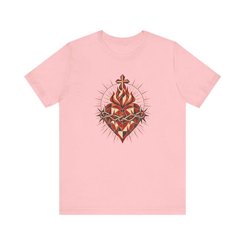 Geometrisk skjorta med Jesu heliga hjärta, modern minimalistisk Cor Jesu-konst, fasetterad katolsk gåva för tonåringar, konfirmation, RCIA, törnekrona bild 8