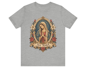 Camiseta Ave María, Camiseta de la Virgen María rezando, Arte de estampas religiosas vintage, Regalo de la Santísima Madre para mamá católica, Ropa mariana para mujer