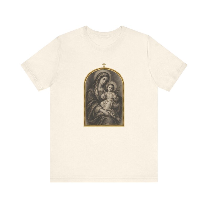 Virgin Mary Shirt, Madonna and Child Charcoal Sketch, Blessed Mother Catholic Gift for Mom, Vintage Marian Art Tee, Baby Jesus Top image 4