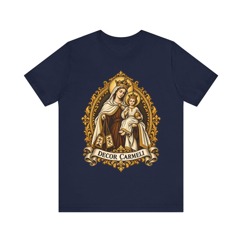 Mount Carmel Madonna Shirt, Brown Scapular Devotion Tee, Golden Frame Marian Art, Carmelite Virgin Mary Gift for Women, Catholic Apparel image 8