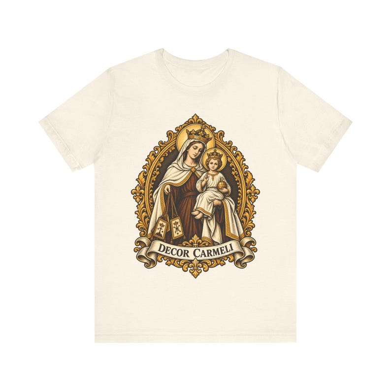 Mount Carmel Madonna Shirt, Brown Scapular Devotion Tee, Golden Frame Marian Art, Carmelite Virgin Mary Gift for Women, Catholic Apparel image 4