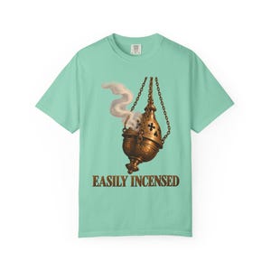 Easily Incensed Comfort Colors Shirt | Funny Catholic T-Shirt | Gift for Altar Server | Vintage Thurible with Smoke image 1
