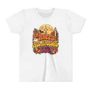 Kinder T-shirt met katholieke Halloween-opdruk, retro en groovy Halloween-shirt, pompoen met kruis en maan. afbeelding 2