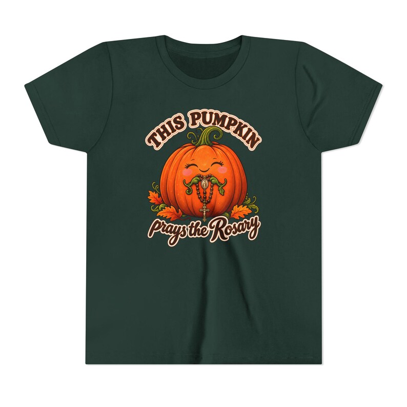 Youth Catholic Halloween Shirt, Pumpkin Prays Rosary, Fall Harvest Gift image 4