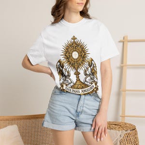 Monstrance Tee, Behold the Bread of Angels, Eucharist Adoration Gift for Priests or Deacons, Corpus Christi, Ecce Panis, Comfort Colors image 1