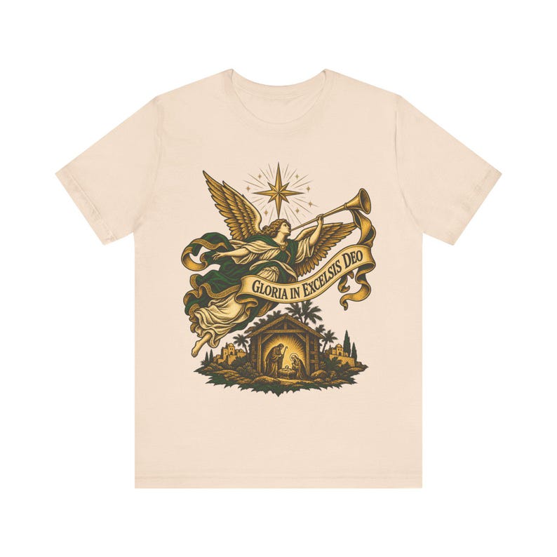 Gloria in Excelsis Deo Shirt, Catholic Christmas Nativity Tee, Herald Angel Trumpet and Star of Bethlehem, Christian Holiday Gift for Choir image 5