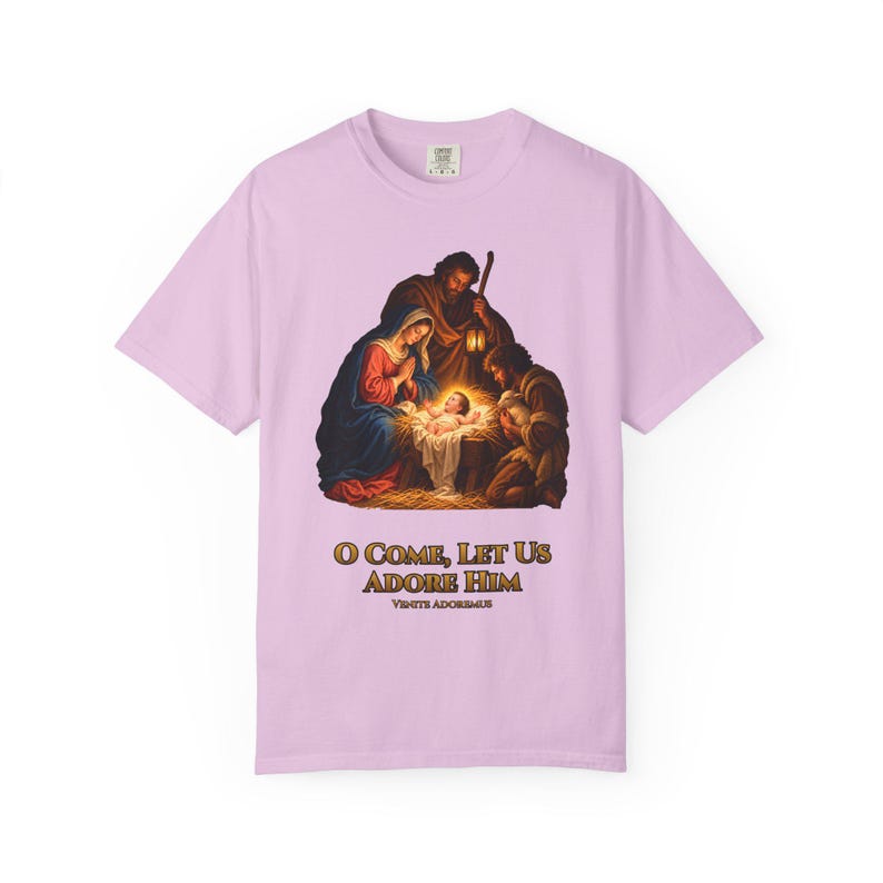 O Come Let Us Adore Him Comfort Colors Shirt | Catholic Christmas Nativity T-Shirt | Christmas Gift | Holy Family at the Manger image 11